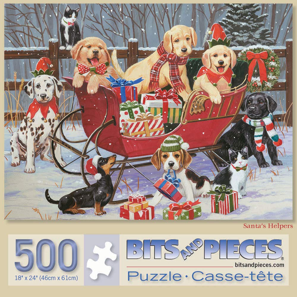 Bits and Pieces 500 Piece Jigsaw Puzzle – Santa's Helpers: Puppies Christmas Sleigh by William Vanderdasson (18" x 24")