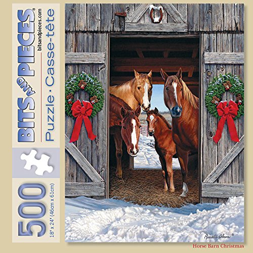 Bits and Pieces Horse Barn Christmas Jigsaw Puzzle – 500-Piece Winter Farm Scene by Russell Cobane