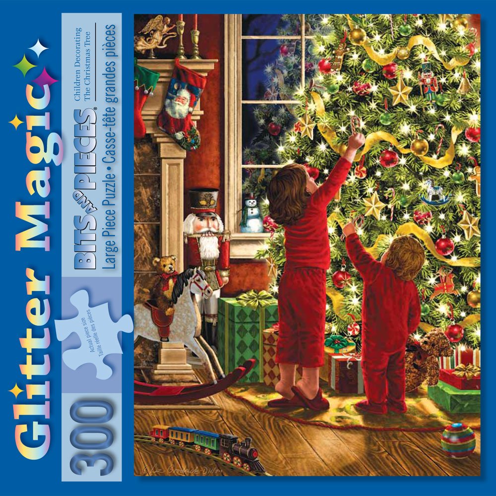 Bits and Pieces Large 300-Piece Glitter Jigsaw Puzzle – Children Decorating The Christmas Tree by Liz Goodrick Dillon