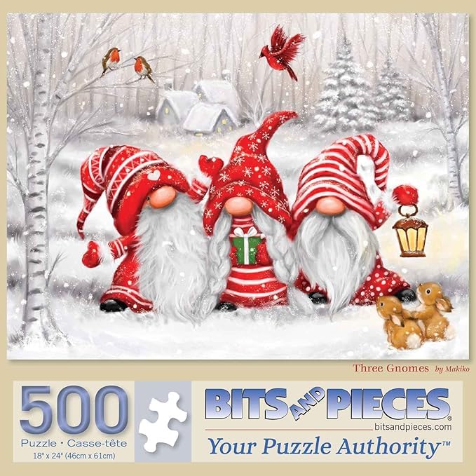 Bits and Pieces Three Gnomes' Christmas 500-Piece Jigsaw Puzzle by Makiko – 18" x 24"