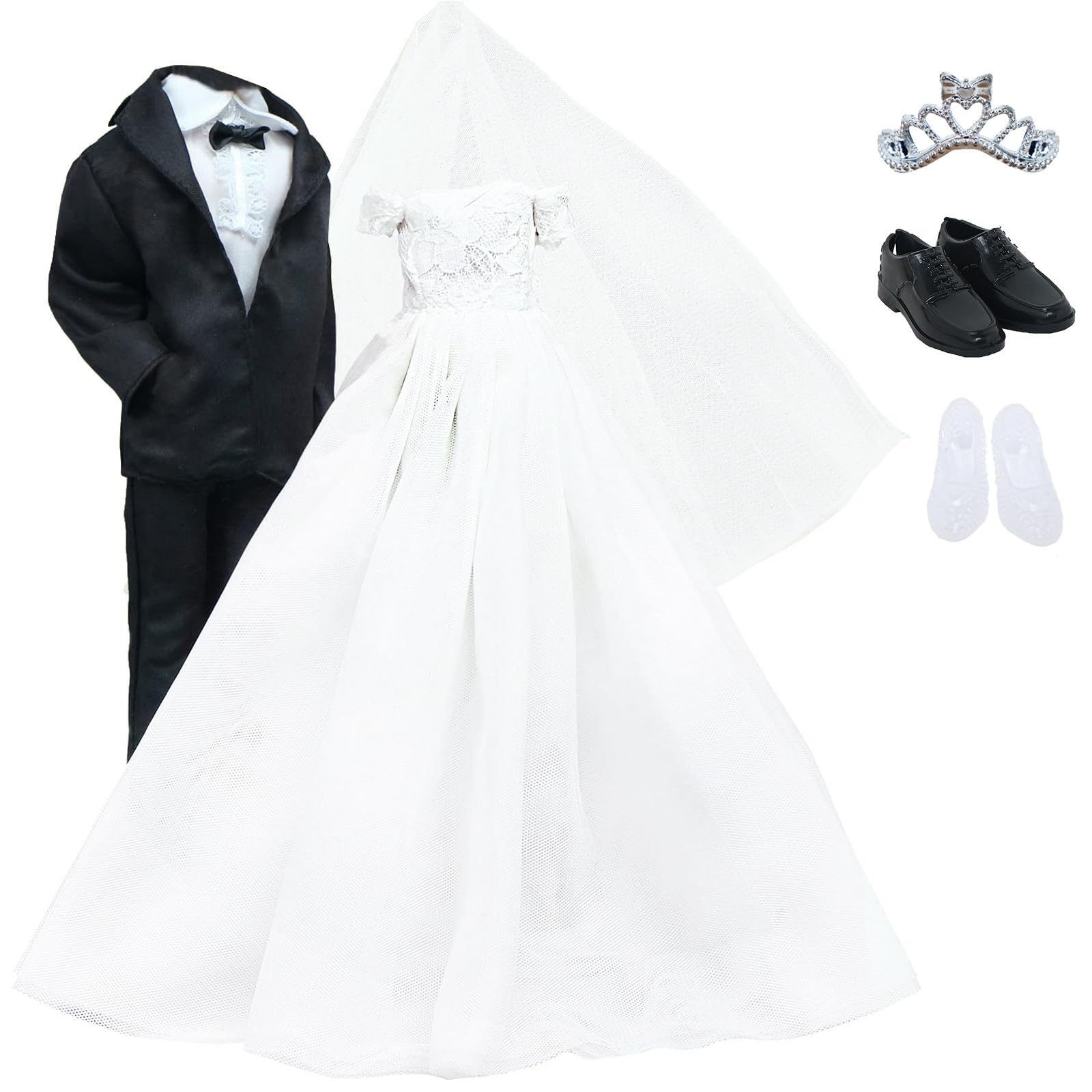 BJDBUS Doll Wedding Set – Bride & Groom Outfit for 11.5 Inch Dolls with Veil and Crown