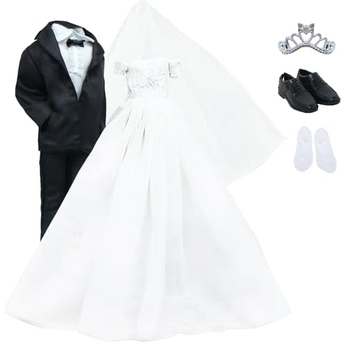 BJDBUS Doll Wedding Set – Bride & Groom Outfit for 11.5 Inch Dolls with Veil and Crown