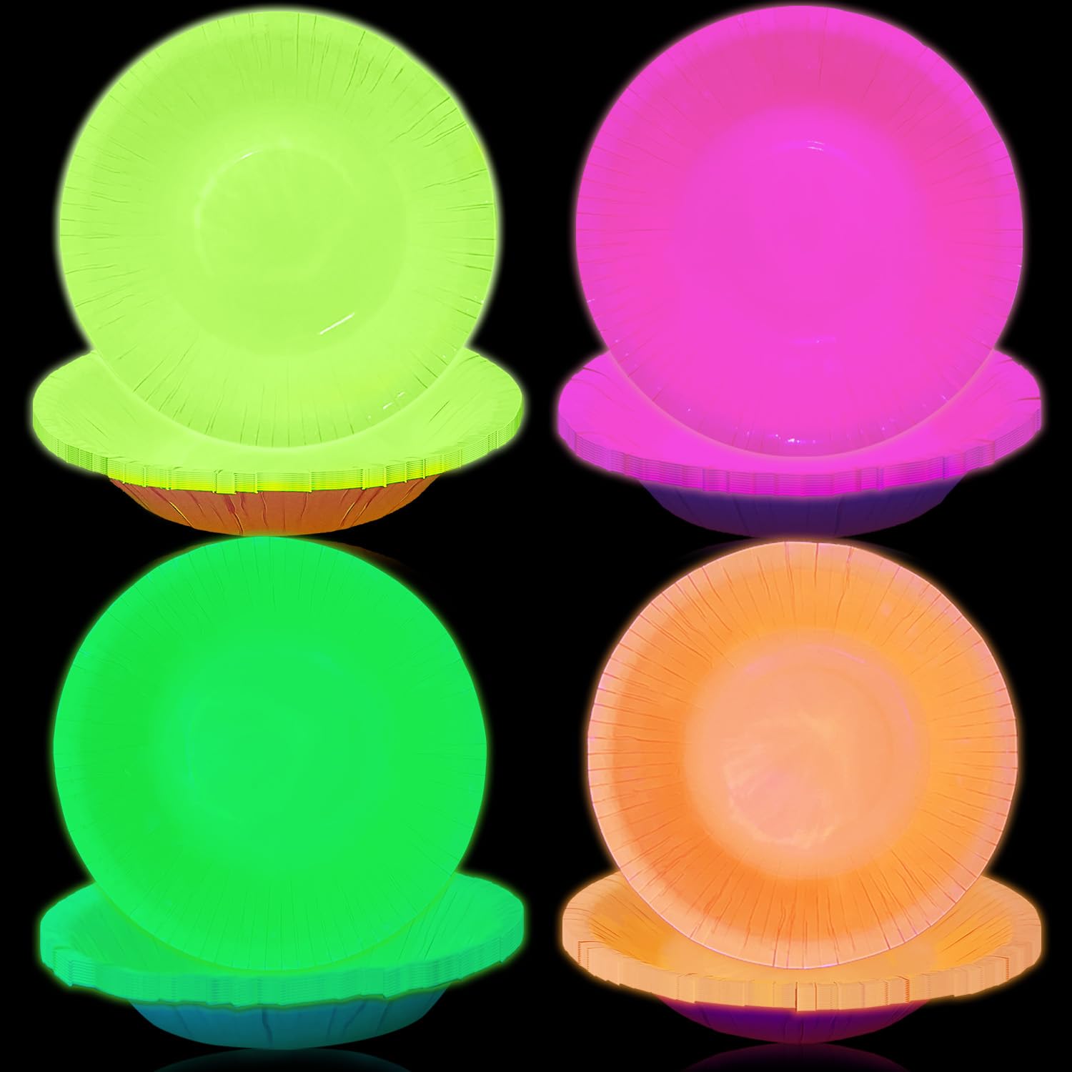 BKAILZYX 40-Pack Neon Paper Bowls - 7 Inch Fluorescent Bowls for Glow Parties, 4 Colors