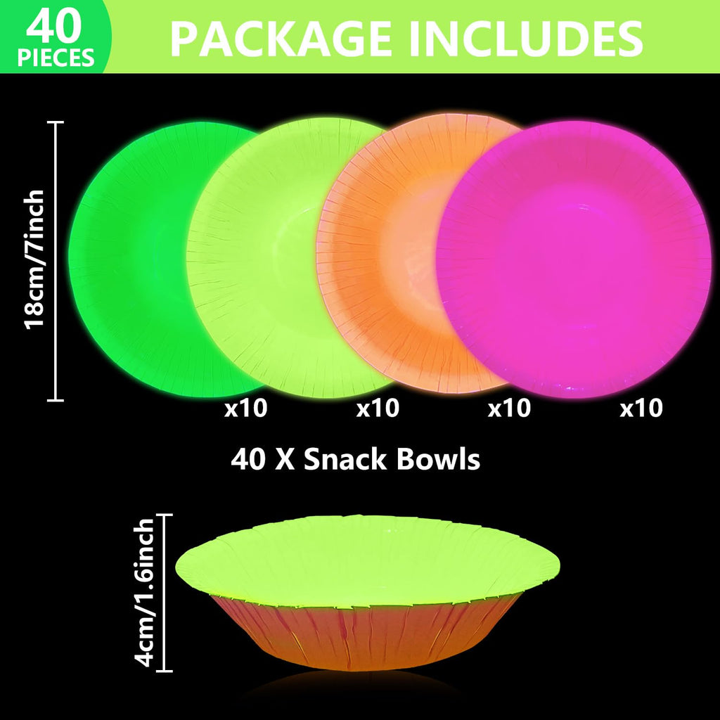 BKAILZYX 40-Pack Neon Paper Bowls - 7 Inch Fluorescent Bowls for Glow Parties, 4 Colors
