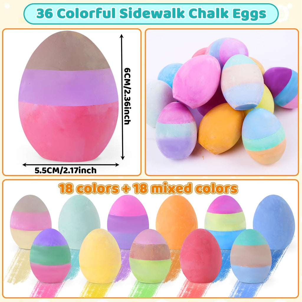 Bkpvr 36-Pack Sidewalk Chalk Eggs – 18 Solid + 18 Mixed Colors, Non-Toxic & Washable for Kids Toddlers Easter Basket