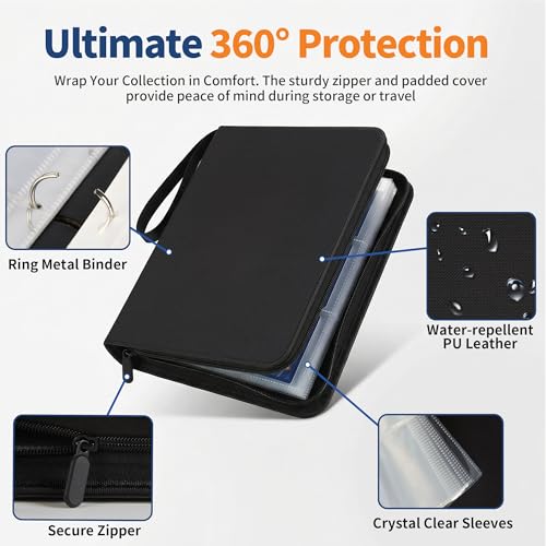 Black 9-Pocket Trading Card Binder - Holds 900 Cards, Zippered PU Leather Album for Pokemon, Sports & TCG