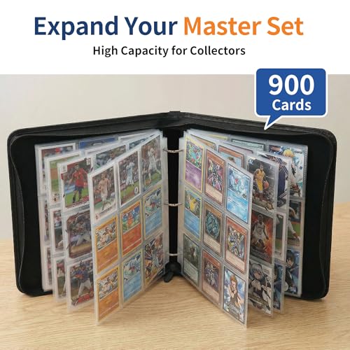 Black 9-Pocket Trading Card Binder - Holds 900 Cards, Zippered PU Leather Album for Pokemon, Sports & TCG