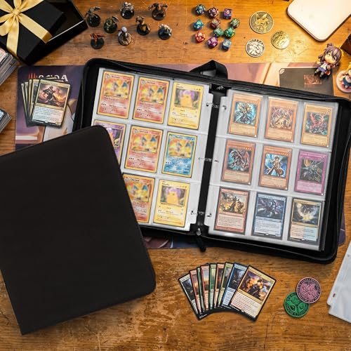 Black 9-Pocket Trading Card Binder - Holds 900 Cards, Zippered PU Leather Album for Pokemon, Sports & TCG