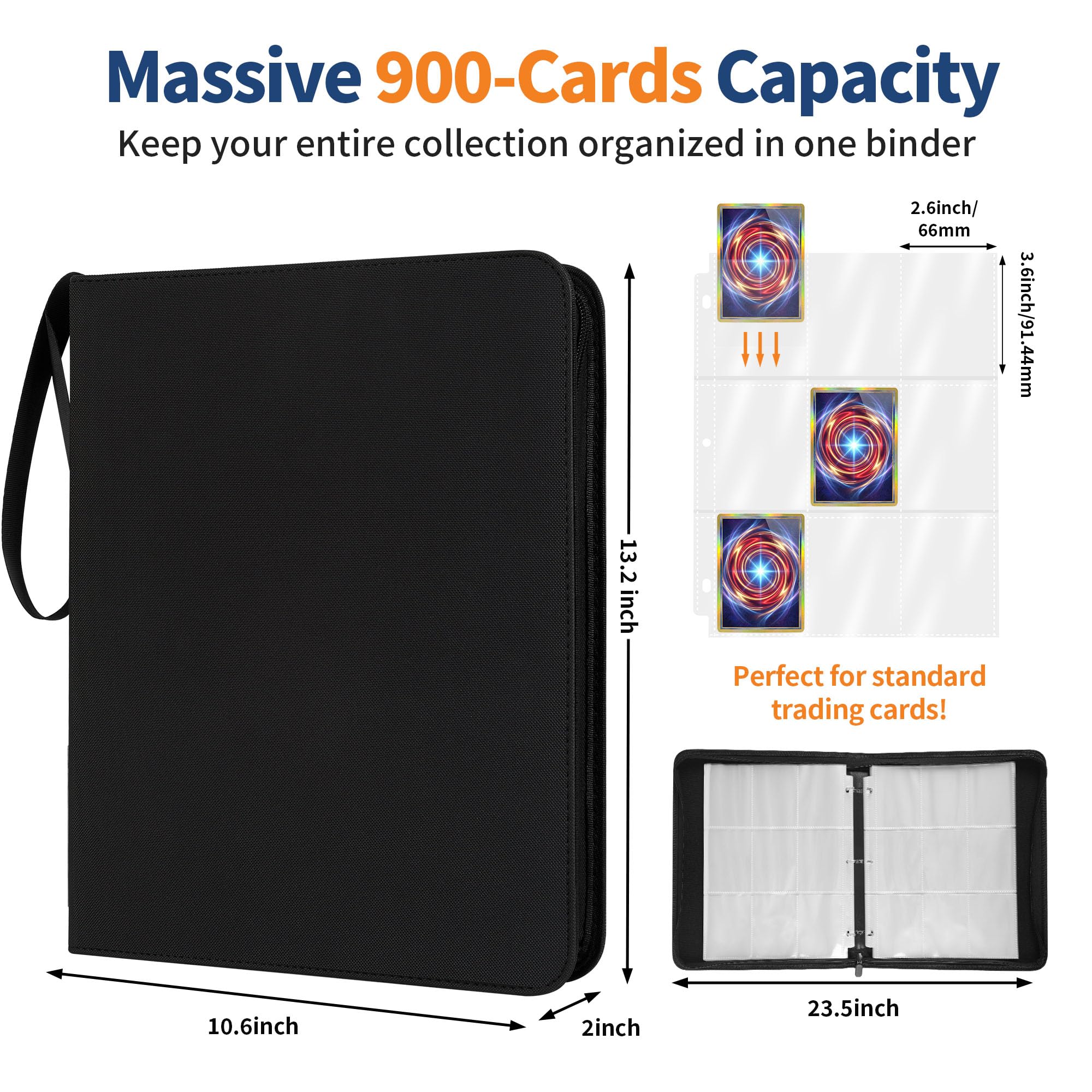 Black 9-Pocket Trading Card Binder - Holds 900 Cards, Zippered PU Leather Album for Pokemon, Sports & TCG
