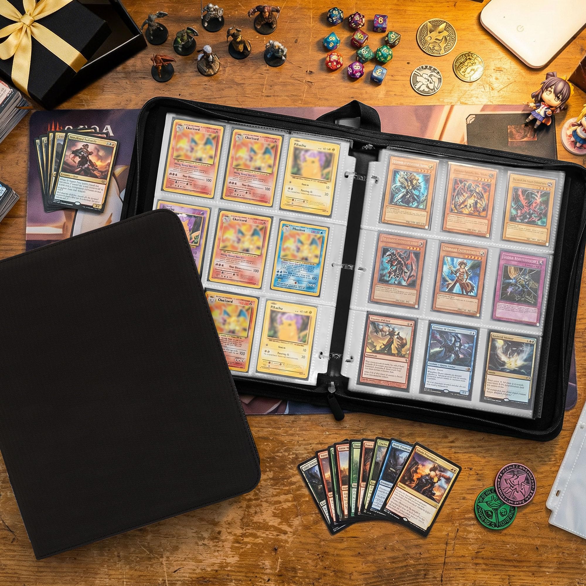 Black 9-Pocket Trading Card Binder - Holds 900 Cards, Zippered PU Leather Album for Pokemon, Sports & TCG