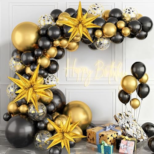 Black and Gold Balloon Arch Kit 128 Pieces - 18 12 10 5 Inch Latex Balloons with Stars for Birthday Anniversary Wedding Party Decor