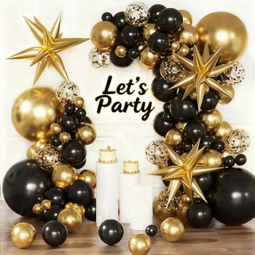 Black and Gold Balloon Arch Kit 128 Pieces - 18 12 10 5 Inch Latex Balloons with Stars for Birthday Anniversary Wedding Party Decor