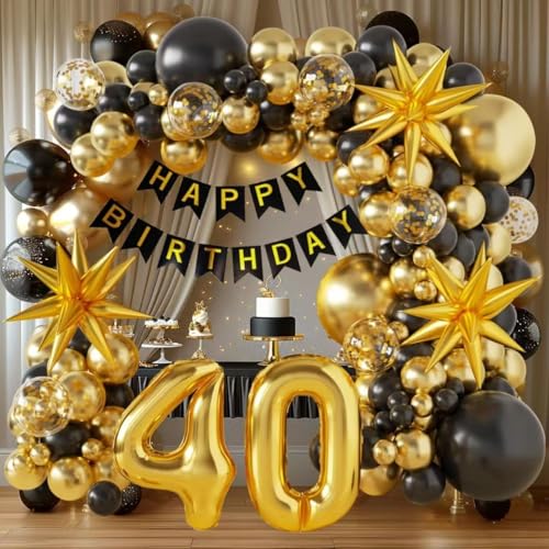 Black and Gold Balloon Arch Kit 128 Pieces - 18 12 10 5 Inch Latex Balloons with Stars for Birthday Anniversary Wedding Party Decor