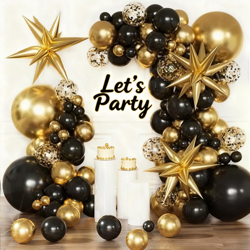 Black and Gold Balloon Arch Kit 128 Pieces - 18 12 10 5 Inch Latex Balloons with Stars for Birthday Anniversary Wedding Party Decor