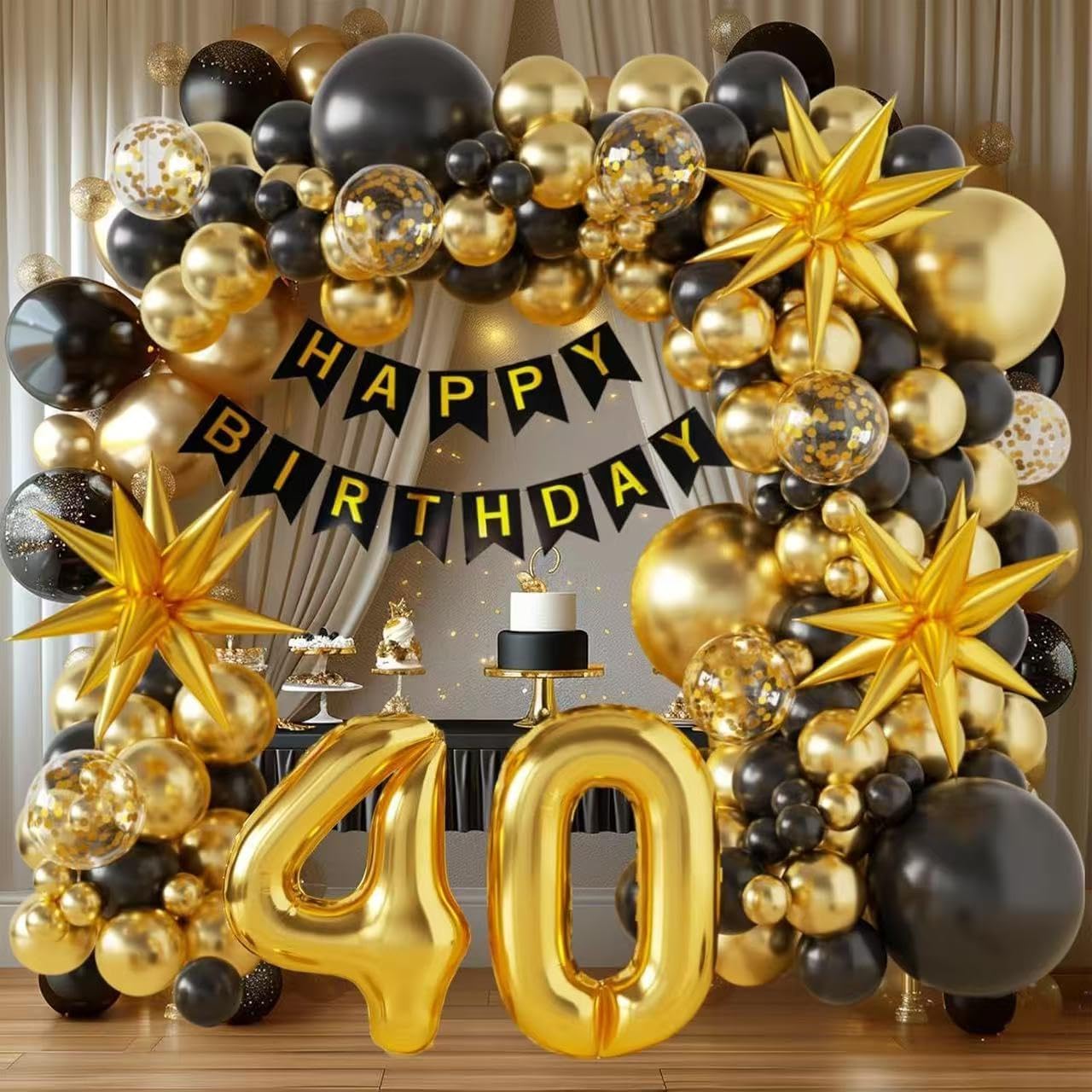 Black and Gold Balloon Arch Kit 128 Pieces - 18 12 10 5 Inch Latex Balloons with Stars for Birthday Anniversary Wedding Party Decor