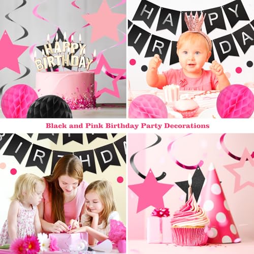 Black and Pink Birthday Decorations - 30-Piece Party Set with Banner, Honeycomb Balls, Star Streamers & Circle Dots Garland