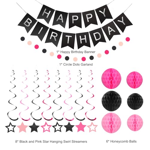 Black and Pink Birthday Decorations - 30-Piece Party Set with Banner, Honeycomb Balls, Star Streamers & Circle Dots Garland
