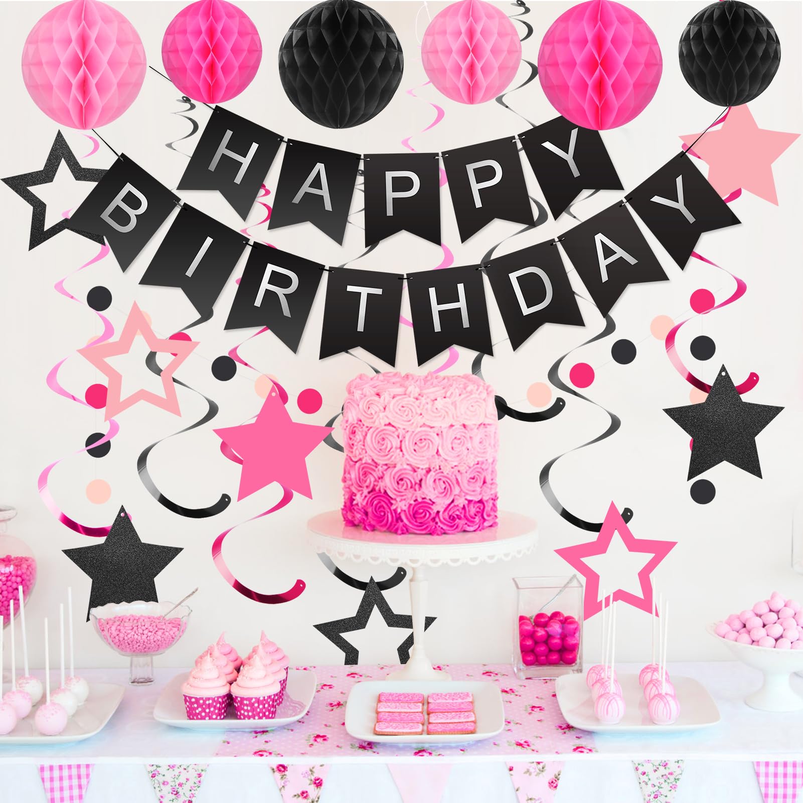 Black and Pink Birthday Decorations - 30-Piece Party Set with Banner, Honeycomb Balls, Star Streamers & Circle Dots Garland