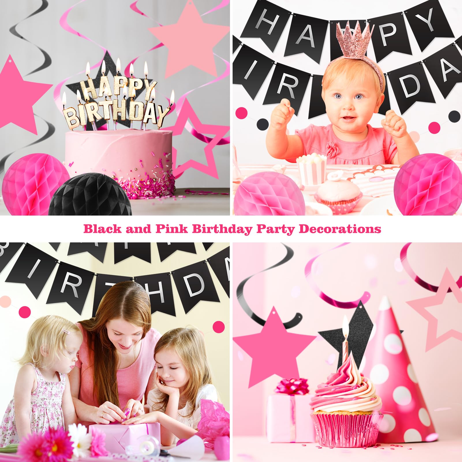 Black and Pink Birthday Decorations - 30-Piece Party Set with Banner, Honeycomb Balls, Star Streamers & Circle Dots Garland