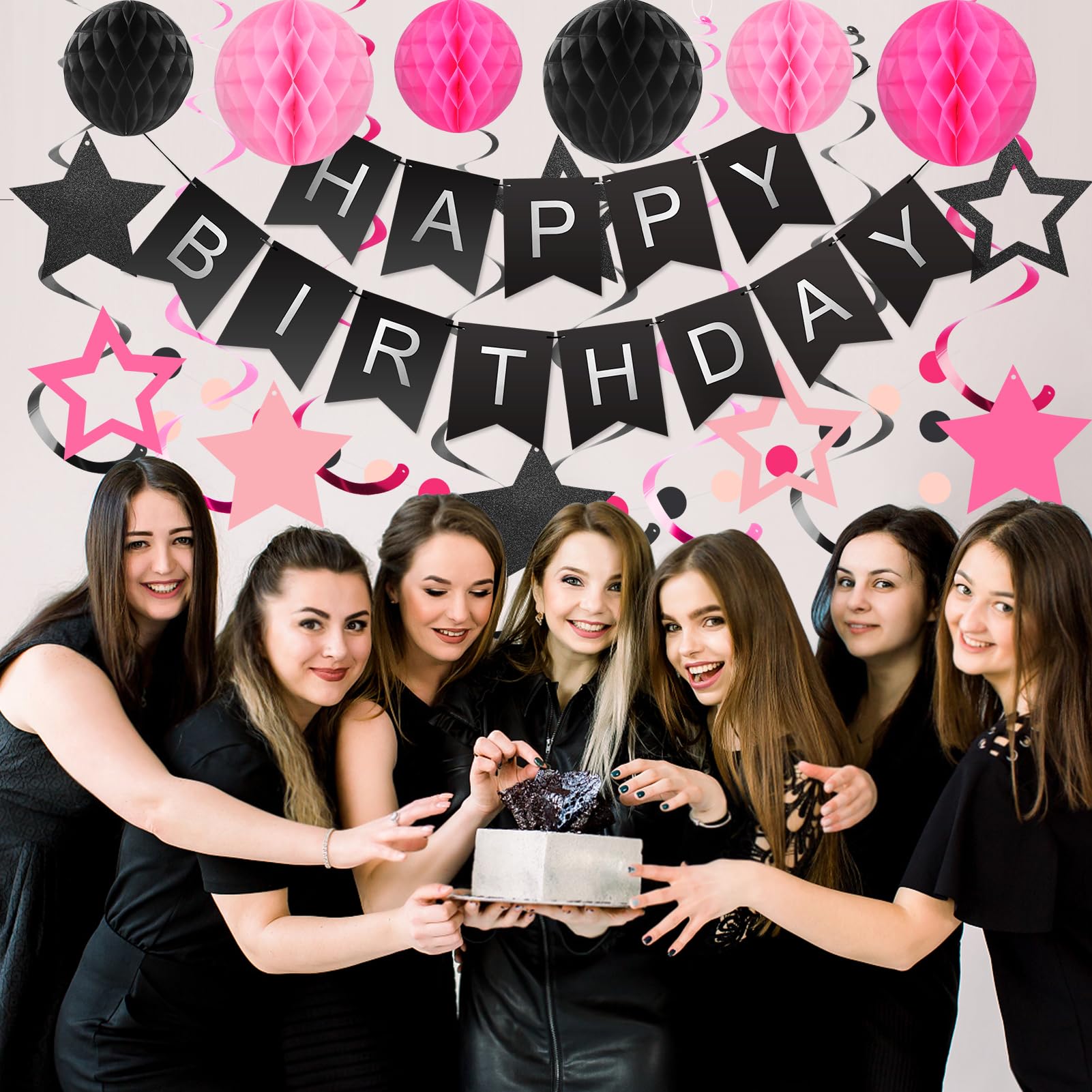 Black and Pink Birthday Decorations - 30-Piece Party Set with Banner, Honeycomb Balls, Star Streamers & Circle Dots Garland