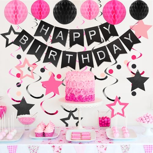 Black and Pink Birthday Decorations - 30-Piece Party Set with Banner, Honeycomb Balls, Star Streamers & Circle Dots Garland