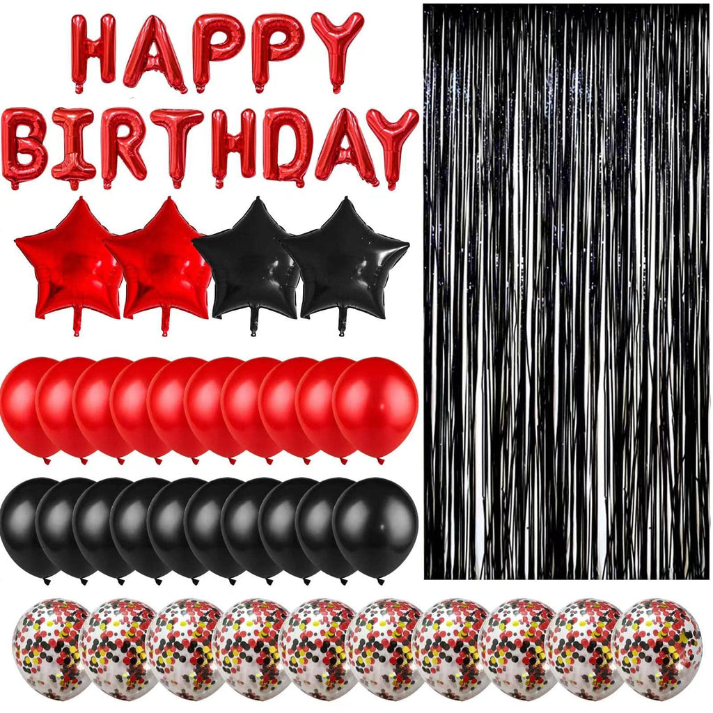 Black and Red Birthday Decorations Kit - 50-Piece Party Supplies with Banner, Fringe Curtain, and Balloons for 18th 30th 40th 50th 60th Birthday