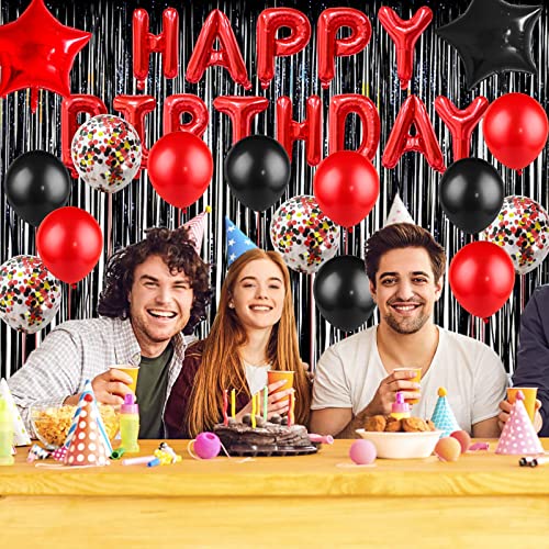 Black and Red Birthday Decorations Kit - 50-Piece Party Supplies with Banner, Fringe Curtain, and Balloons for 18th 30th 40th 50th 60th Birthday