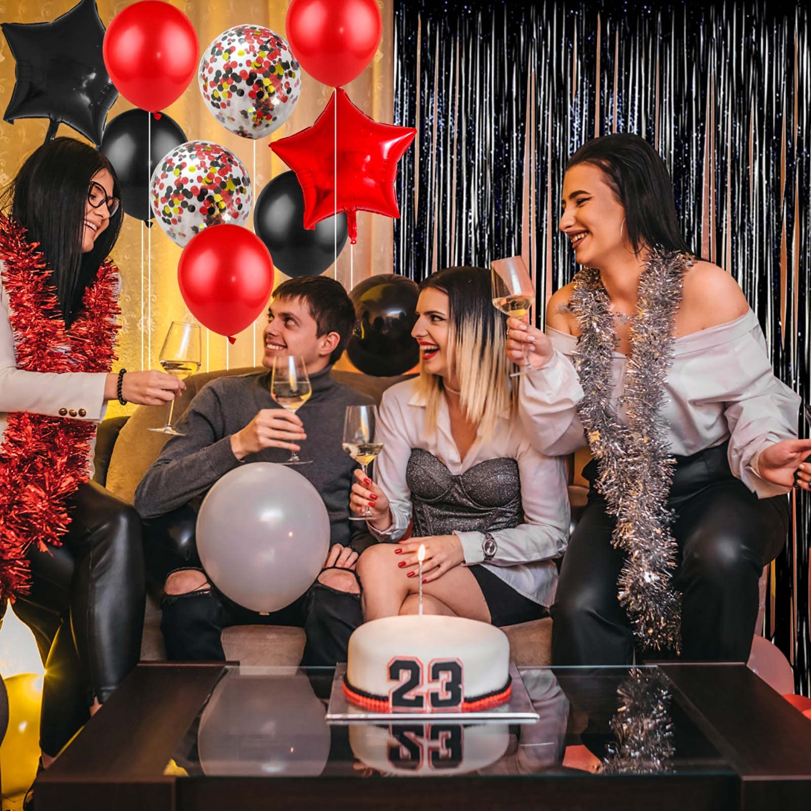 Black and Red Birthday Decorations Kit - 50-Piece Party Supplies with Banner, Fringe Curtain, and Balloons for 18th 30th 40th 50th 60th Birthday