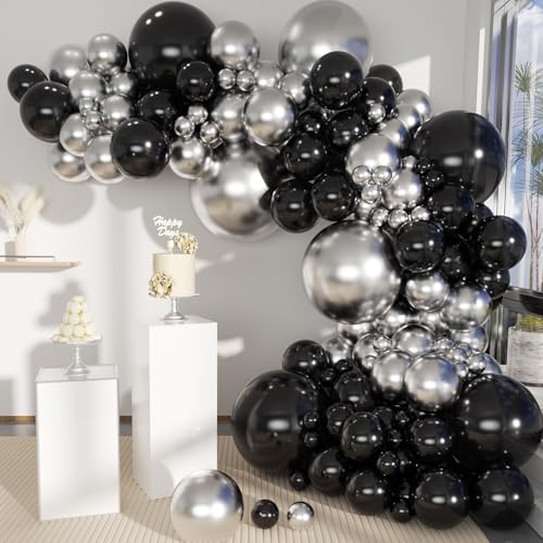 Black and Silver Balloon Garland Arch Kit – 135 Pieces Latex Balloons in Multiple Sizes for Graduation, Birthday & Party Decor