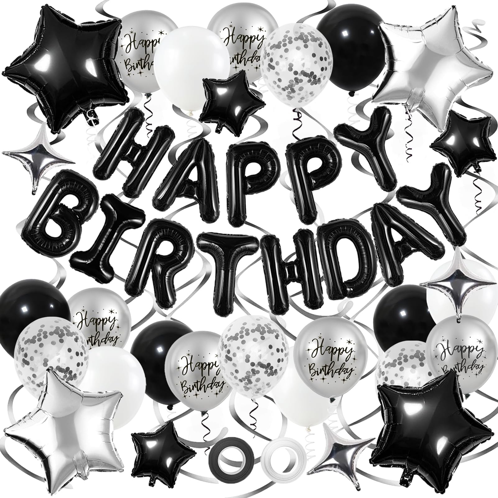 Black and Silver Birthday Party Decorations Set – Foil Banner, Star & Confetti Balloons, Hanging Swirls by YWWSNSE