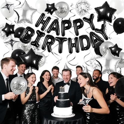Black and Silver Birthday Party Decorations Set – Foil Banner, Star & Confetti Balloons, Hanging Swirls by YWWSNSE