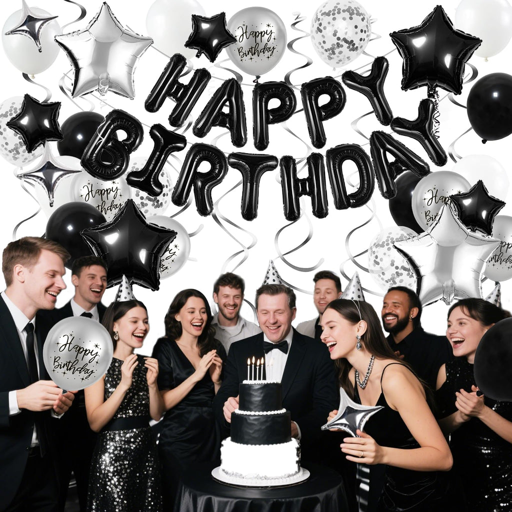 Black and Silver Birthday Party Decorations Set – Foil Banner, Star & Confetti Balloons, Hanging Swirls by YWWSNSE