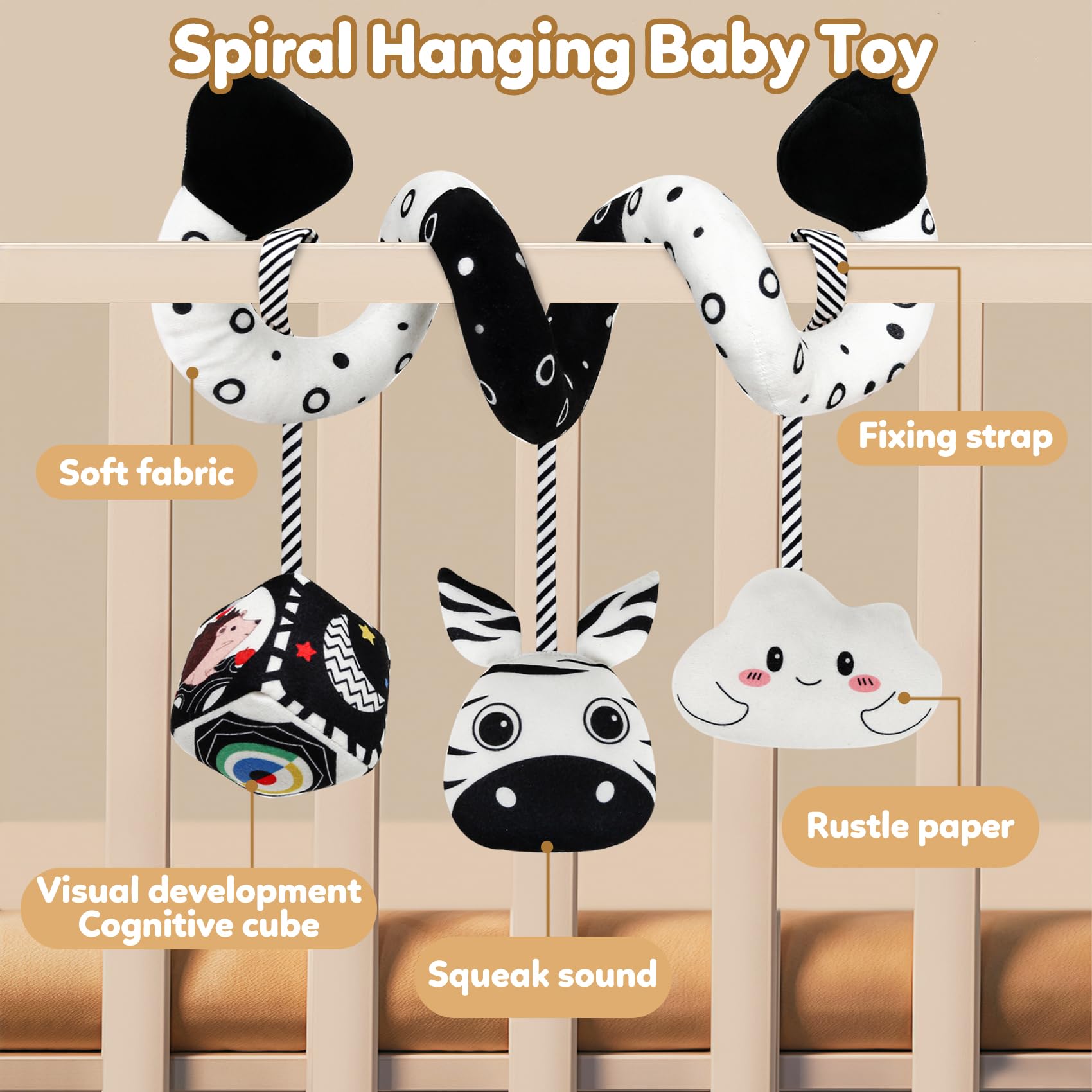 Black and White High Contrast Zebra Spiral Stroller Toy for Newborns - GKDOMS