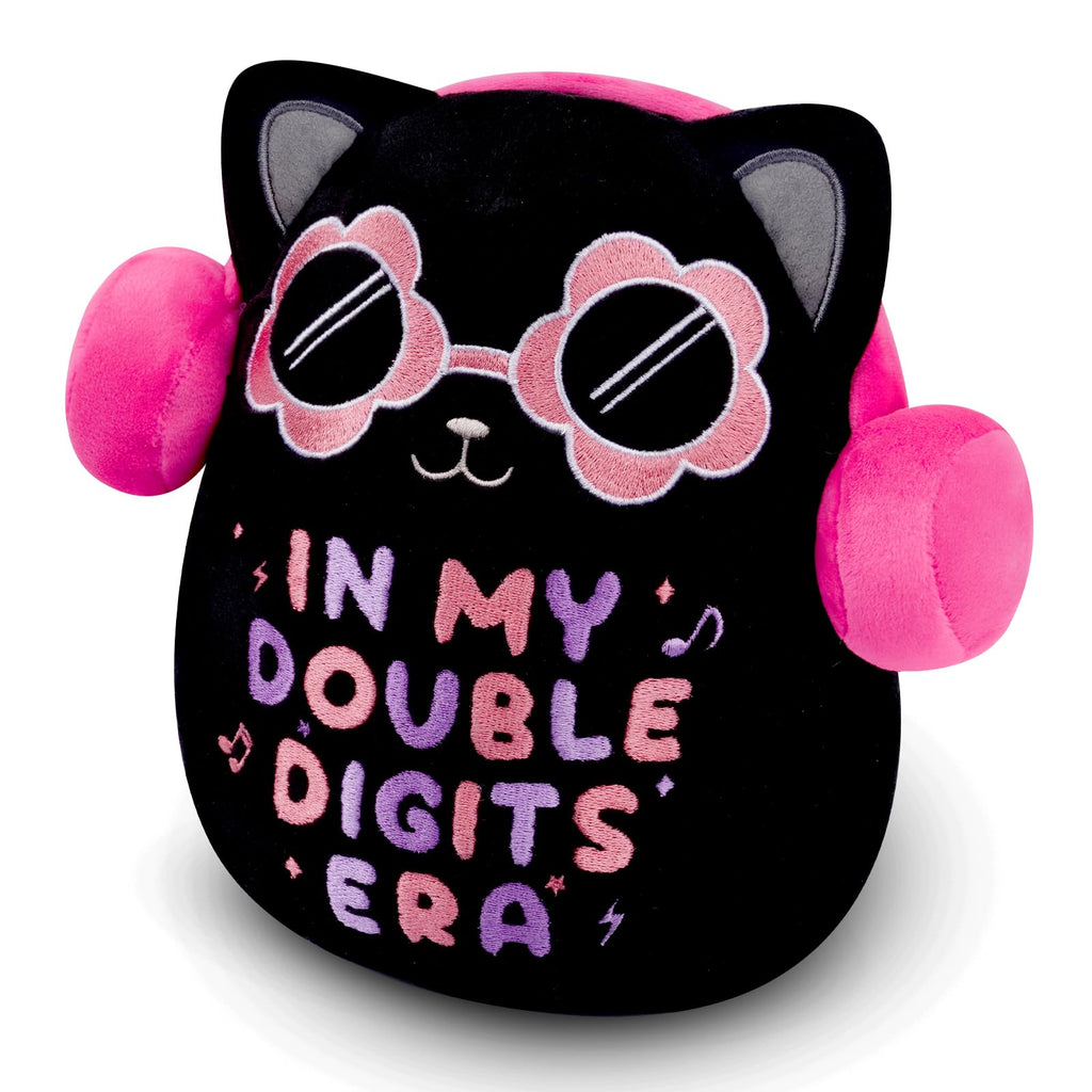 Black Cat Plush ‘In My Double Digits Era’ – Perfect 10 Year Old Girl Gift for 10th Birthday with Pink Headphones & Sunglasses