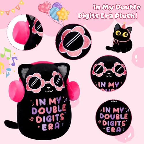 Black Cat Plush ‘In My Double Digits Era’ – Perfect 10 Year Old Girl Gift for 10th Birthday with Pink Headphones & Sunglasses