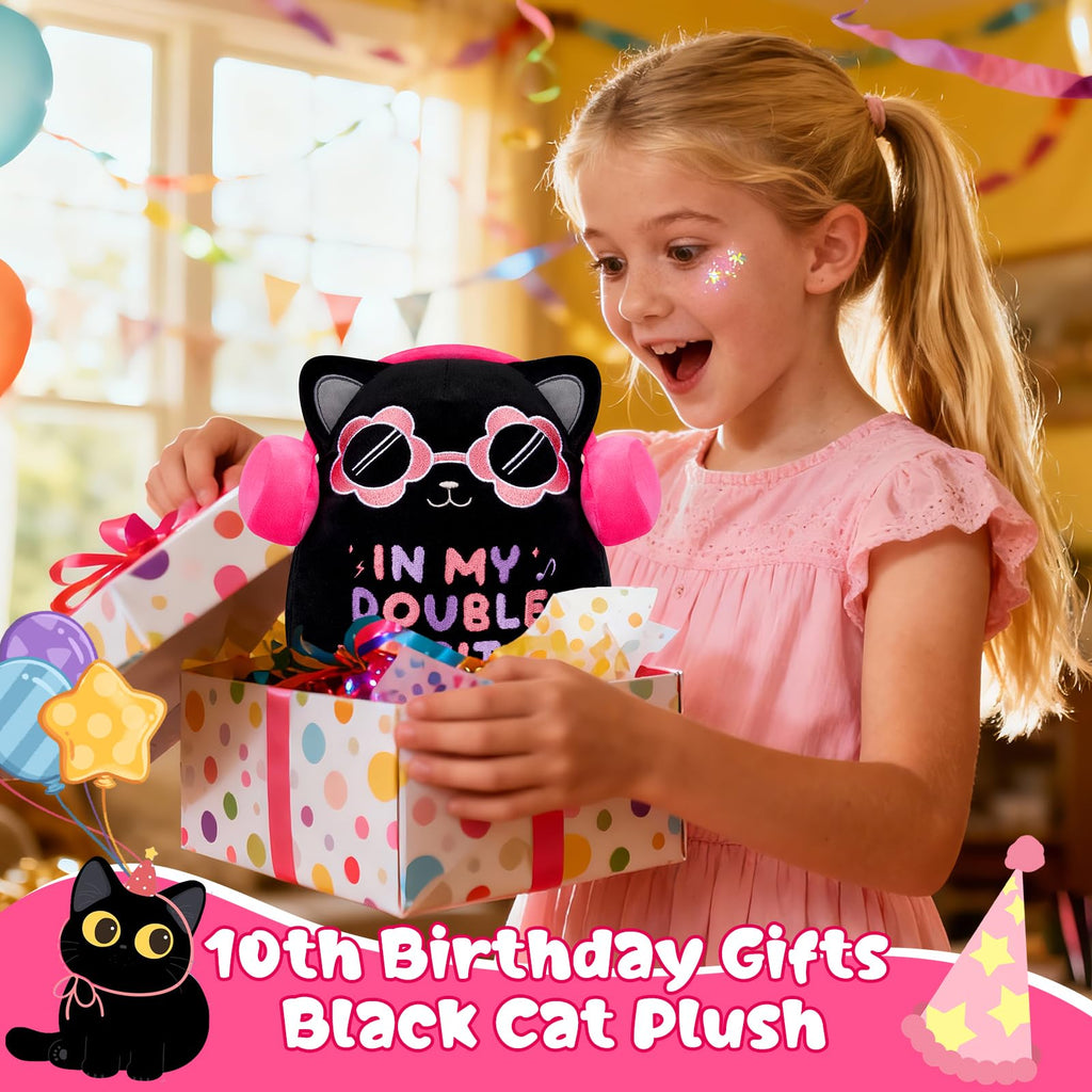 Black Cat Plush ‘In My Double Digits Era’ – Perfect 10 Year Old Girl Gift for 10th Birthday with Pink Headphones & Sunglasses