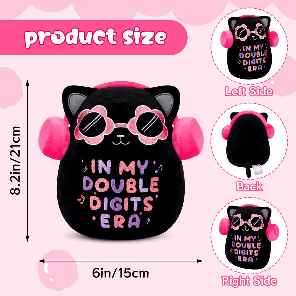 Black Cat Plush ‘In My Double Digits Era’ – Perfect 10 Year Old Girl Gift for 10th Birthday with Pink Headphones & Sunglasses
