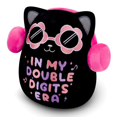 Black Cat Plush ‘In My Double Digits Era’ – Perfect 10 Year Old Girl Gift for 10th Birthday with Pink Headphones & Sunglasses