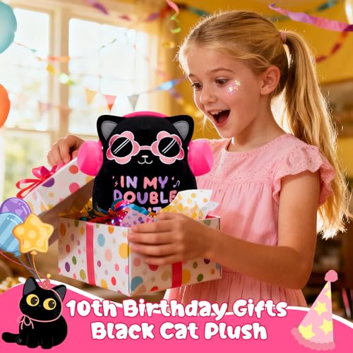 Black Cat Plush ‘In My Double Digits Era’ – Perfect 10 Year Old Girl Gift for 10th Birthday with Pink Headphones & Sunglasses