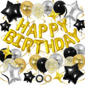 Black & Gold Birthday Decorations Set – Foil Banner, Star Balloons, Confetti, Swirls