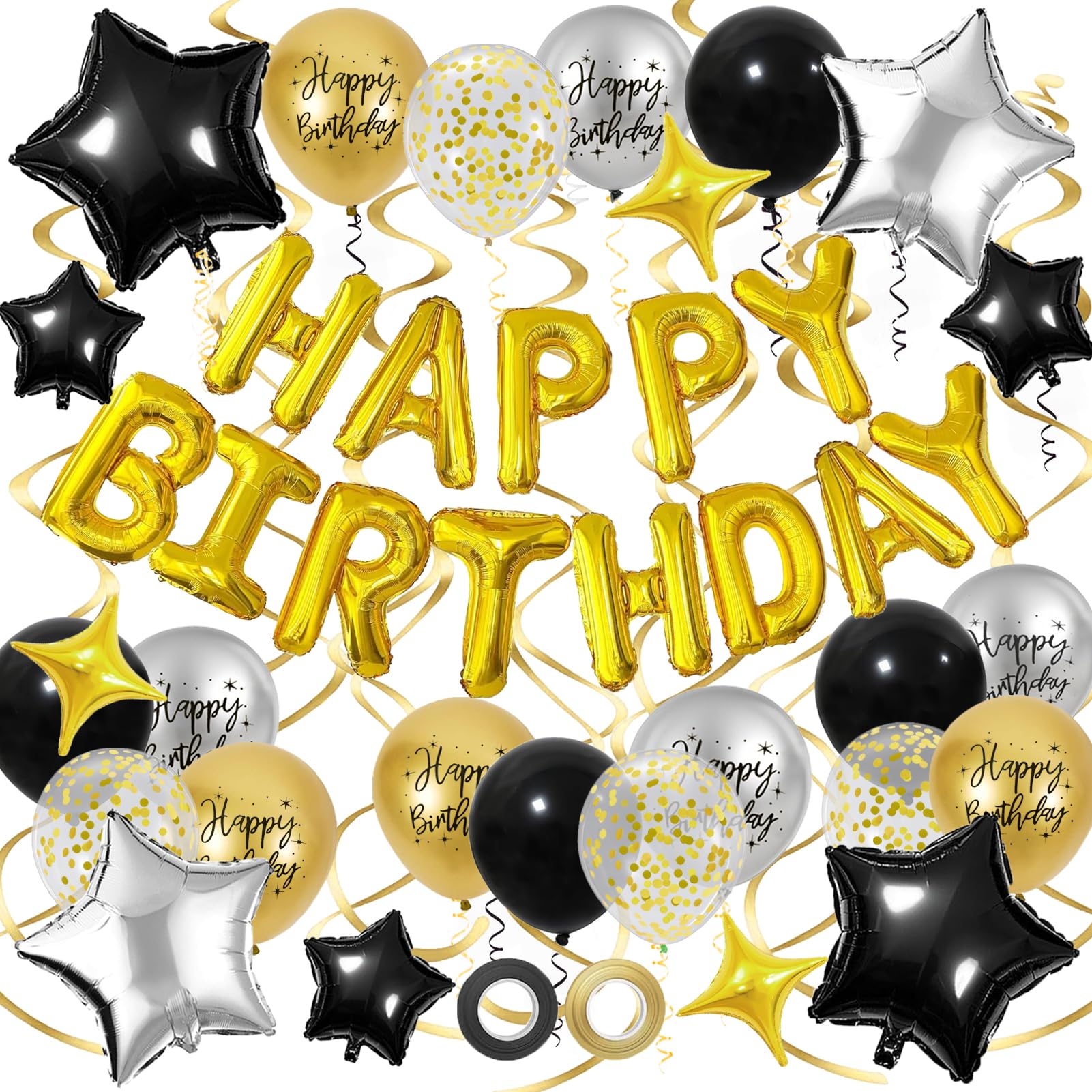 Black & Gold Birthday Decorations Set – Foil Banner, Star Balloons, Confetti, Swirls