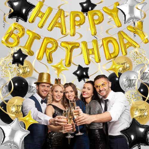 Black & Gold Birthday Decorations Set – Foil Banner, Star Balloons, Confetti, Swirls