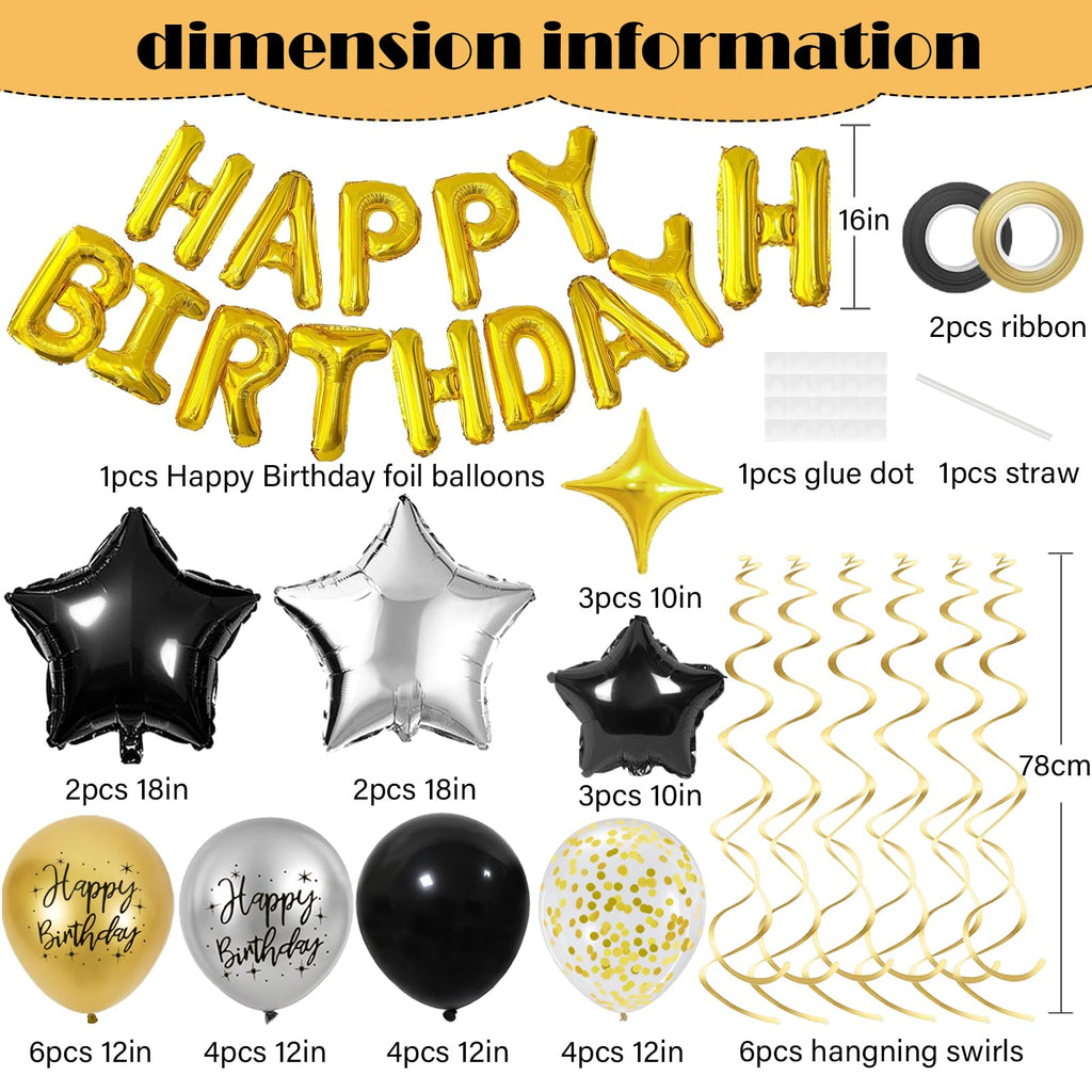 Black & Gold Birthday Decorations Set – Foil Banner, Star Balloons, Confetti, Swirls