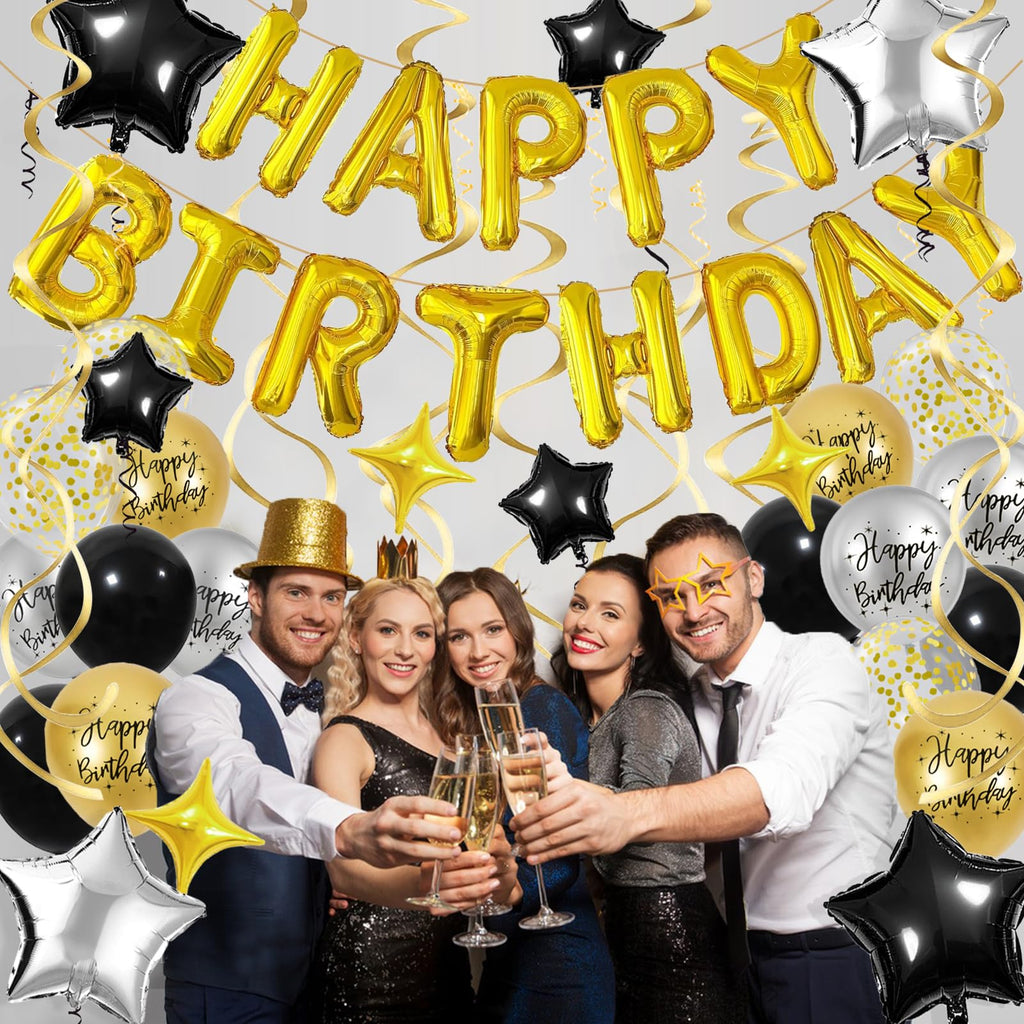 Black & Gold Birthday Decorations Set – Foil Banner, Star Balloons, Confetti, Swirls