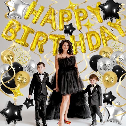 Black & Gold Birthday Decorations Set – Foil Banner, Star Balloons, Confetti, Swirls