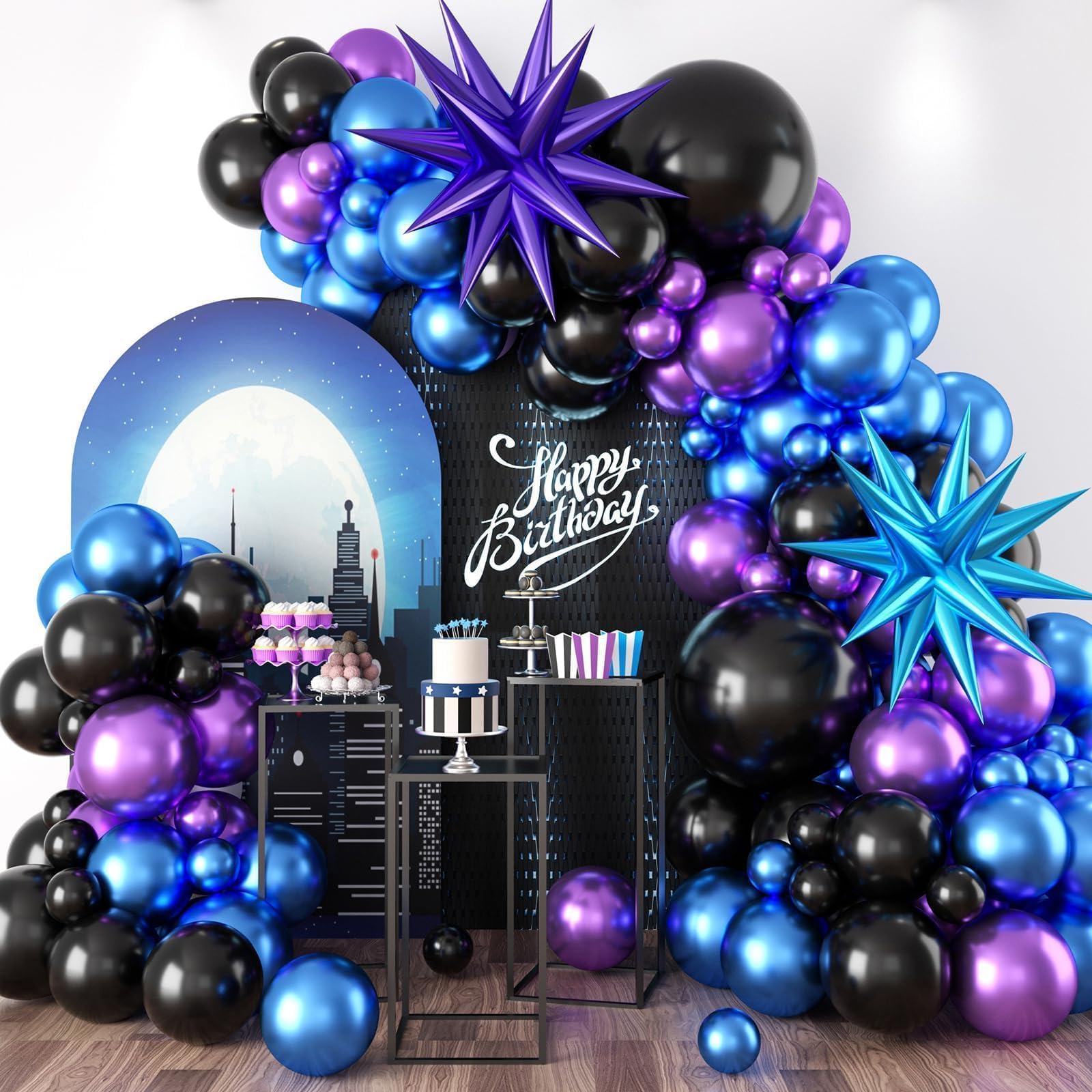 Black Purple Blue Balloon Arch Kit with Star Balloons – 109 Pieces for Video Game Party