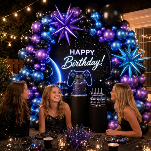 Black Purple Blue Balloon Arch Kit with Star Balloons – 109 Pieces for Video Game Party