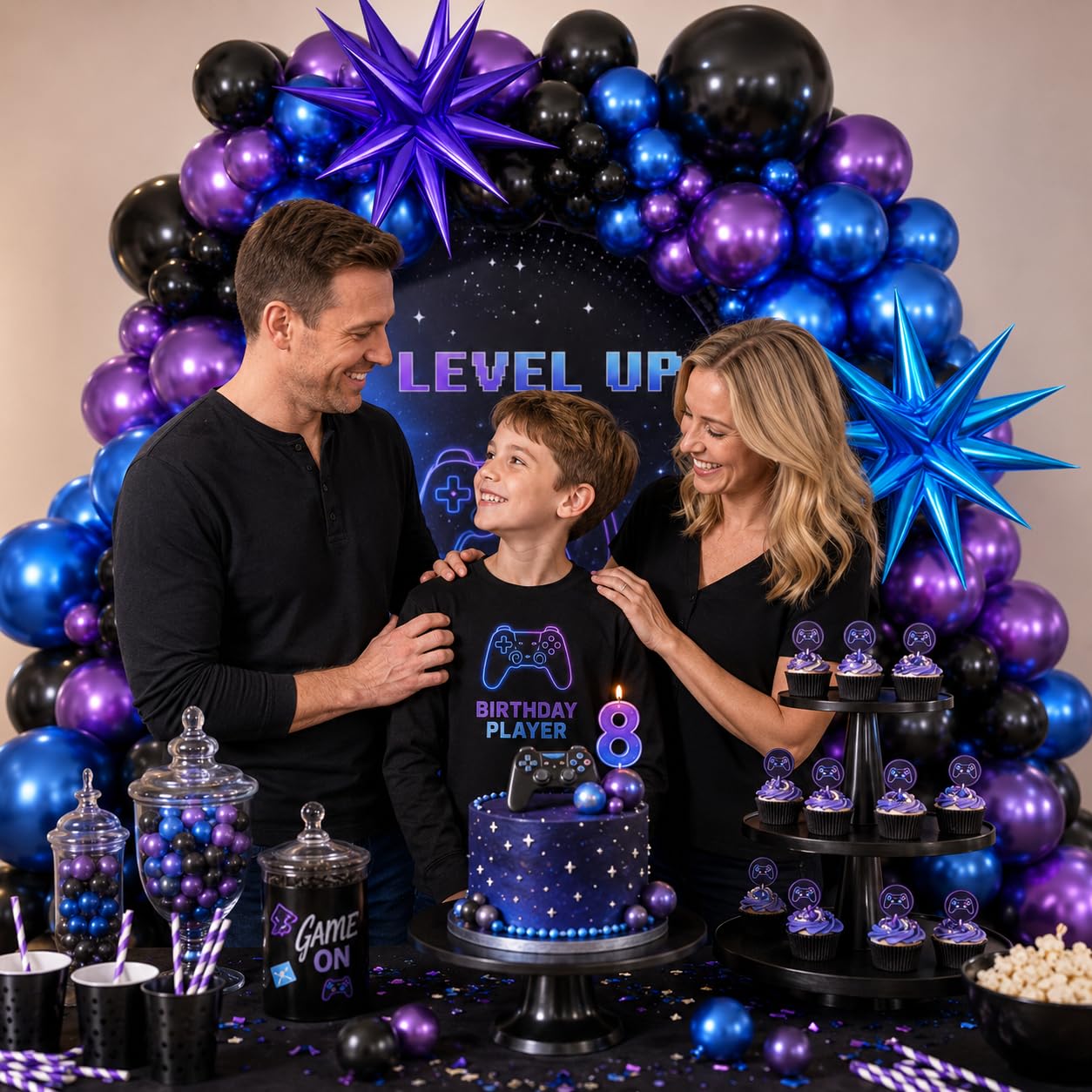 Black Purple Blue Balloon Arch Kit with Star Balloons – 109 Pieces for Video Game Party