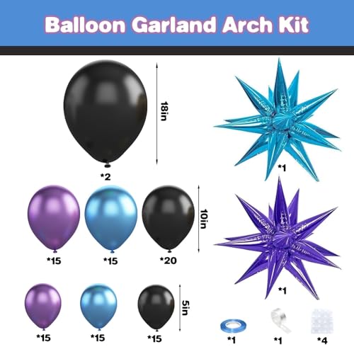 Black Purple Blue Balloon Arch Kit with Star Balloons – 109 Pieces for Video Game Party