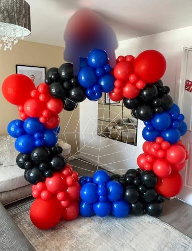 Black Red Blue Spider Theme Balloon Arch Kit – 106 Pieces with Starburst Foil Balloons for Hero-Themed Parties